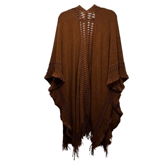 Boho Open-Front Fringe Knit Poncho Brown Acrylic One Size Statement Layers - Picture 2 of 8